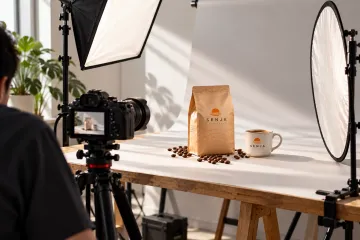 Camera and lights around the coffee bag